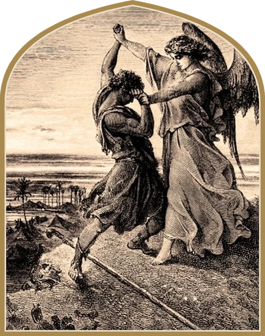 Engraving of Jacob wrestling the angel, in a gold arch frame