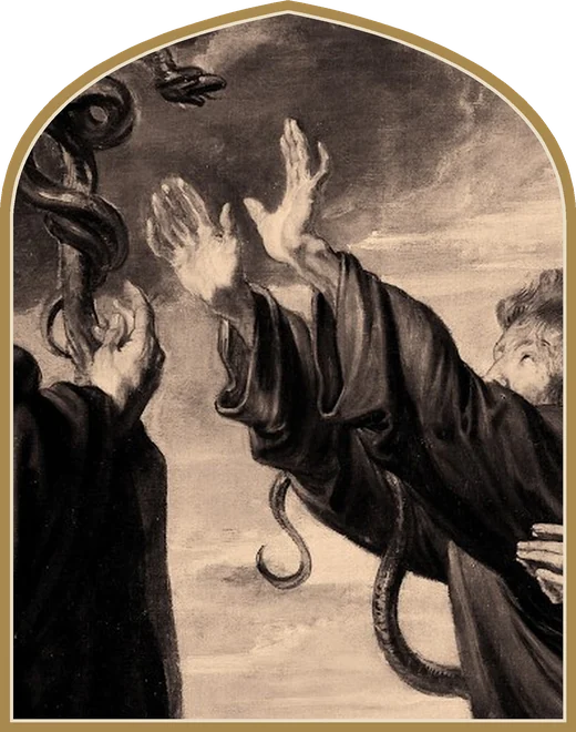 Painting of a figure with arms raised in prayer, in a gold arch frame